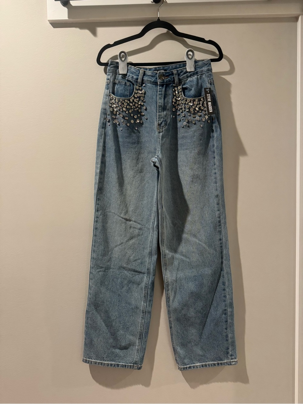 Steve Madden NEW Blue Stud-Embellished Wide Leg Jeans